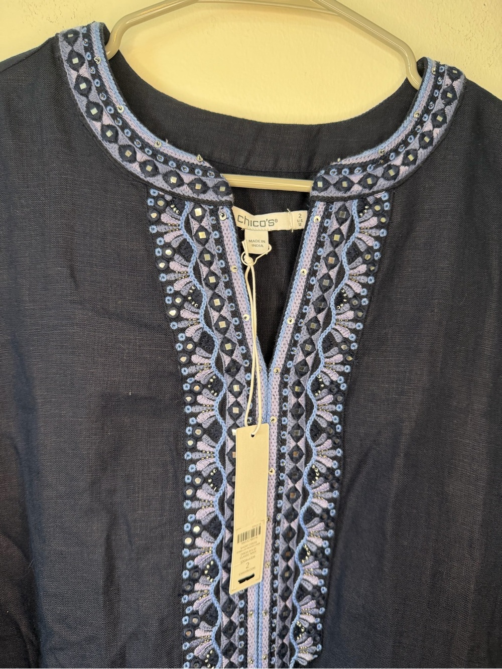 Chico's Embellished Beaded 100% Linen Classic Navy Dress SZ 2/Large - Picture 2 of 5